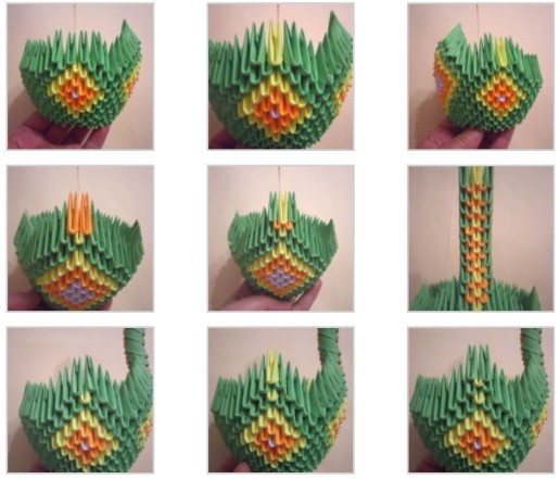 Modulares Origami für Anfänger aus Papier. Schritt-für-Schritt-Anleitung, Diagramme: Schwan, Vase, Blumen, Pfau, Drache, Storch
