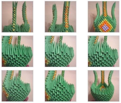 Modulares Origami für Anfänger aus Papier. Schritt-für-Schritt-Anleitung, Diagramme: Schwan, Vase, Blumen, Pfau, Drache, Storch