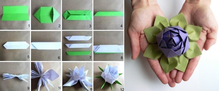 Modulares Origami für Anfänger aus Papier. Schritt-für-Schritt-Anleitung, Diagramme: Schwan, Vase, Blumen, Pfau, Drache, Storch
