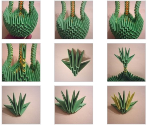 Modulares Origami für Anfänger aus Papier. Schritt-für-Schritt-Anleitung, Diagramme: Schwan, Vase, Blumen, Pfau, Drache, Storch