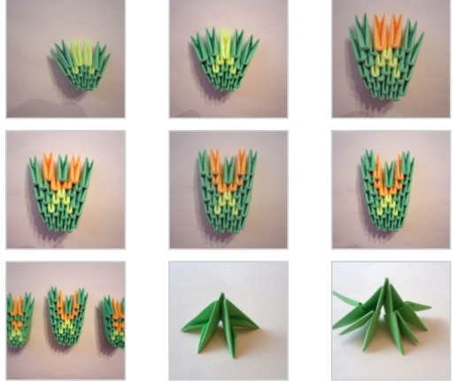 Modulares Origami für Anfänger aus Papier. Schritt-für-Schritt-Anleitung, Diagramme: Schwan, Vase, Blumen, Pfau, Drache, Storch