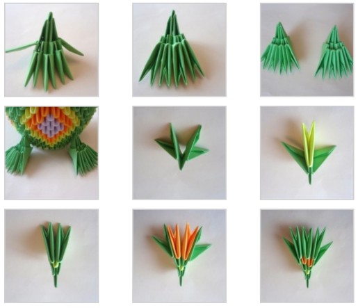 Modulares Origami für Anfänger aus Papier. Schritt-für-Schritt-Anleitung, Diagramme: Schwan, Vase, Blumen, Pfau, Drache, Storch