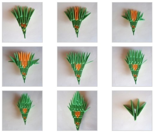 Modulares Origami für Anfänger aus Papier. Schritt-für-Schritt-Anleitung, Diagramme: Schwan, Vase, Blumen, Pfau, Drache, Storch