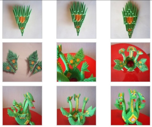 Modulares Origami für Anfänger aus Papier. Schritt-für-Schritt-Anleitung, Diagramme: Schwan, Vase, Blumen, Pfau, Drache, Storch