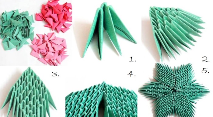 Modulares Origami für Anfänger aus Papier. Schritt-für-Schritt-Anleitung, Diagramme: Schwan, Vase, Blumen, Pfau, Drache, Storch