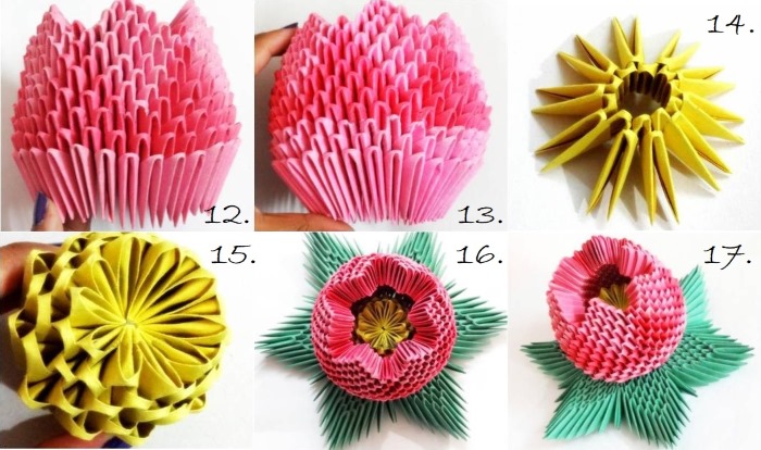 Modulares Origami für Anfänger aus Papier. Schritt-für-Schritt-Anleitung, Diagramme: Schwan, Vase, Blumen, Pfau, Drache, Storch