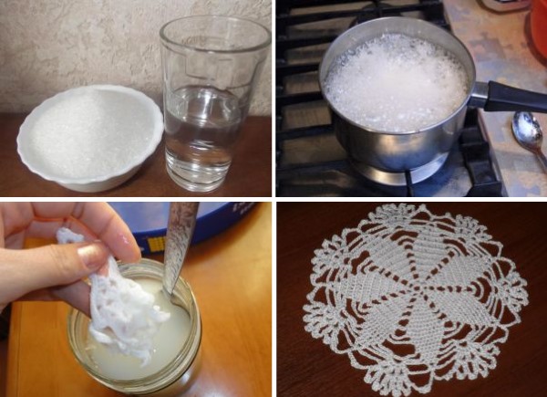 Wie man eine gehäkelte Serviette mit Stärke, Zucker, PVA-Kleber, Gelatine, Eisen stärkt