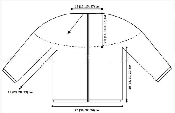 Gestrickte Bluse für ein Mädchen mit Stricknadeln. Diagramm und Beschreibung zum Stricken eines Raglans von oben
