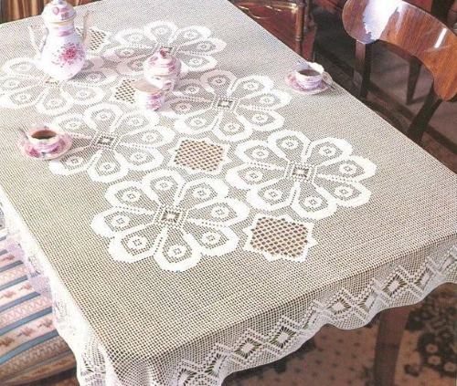 Gehäkelte Tischdecke für einen rechteckigen Tisch. Strickanleitungen mit Fotos und Beschreibungen für Anfänger