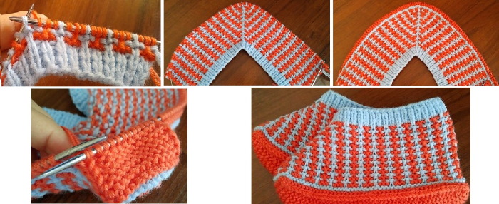 Gestrickte Hausschuhe mit Stricknadeln mit Diagrammen und Beschreibungen. MK von Olga Kolesnikova, Kozhevnikova