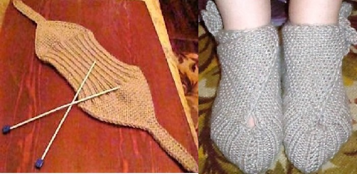 Gestrickte Hausschuhe mit Stricknadeln mit Diagrammen und Beschreibungen. MK von Olga Kolesnikova, Kozhevnikova