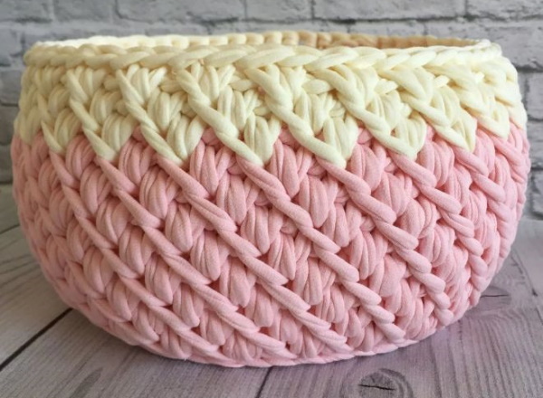 Körbe aus gestricktem Garn, gehäkelt. Schemata mit Beschreibungen für Anfänger
