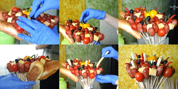 Herrensträuße aus Lebensmitteln. Wie man aus Lebensmitteln, Bier mit Snacks, Wurst, Fisch, Krebsen Essbares macht