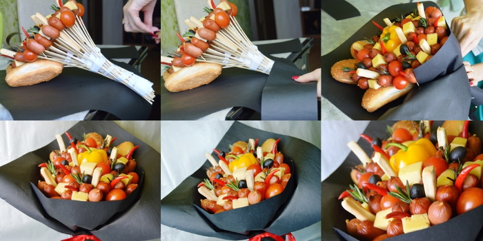 Herrensträuße aus Lebensmitteln. Wie man aus Lebensmitteln, Bier mit Snacks, Wurst, Fisch, Krebsen Essbares macht