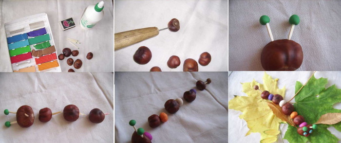 Basteln für den Kindergarten Herbstfantasie aus Naturmaterialien, Gemüse, Kastanien, Zapfen