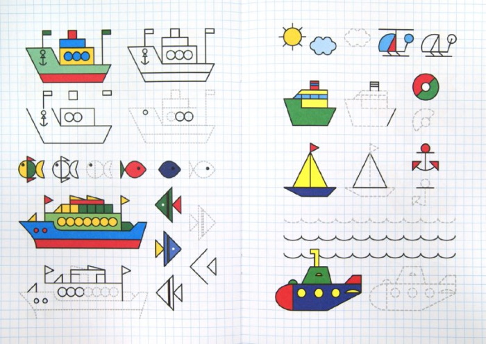 Zeichnen nach Zellen in einem Notizbuch für Kinder von 6–7 Jahren. Komplexe Schemata für Anfänger