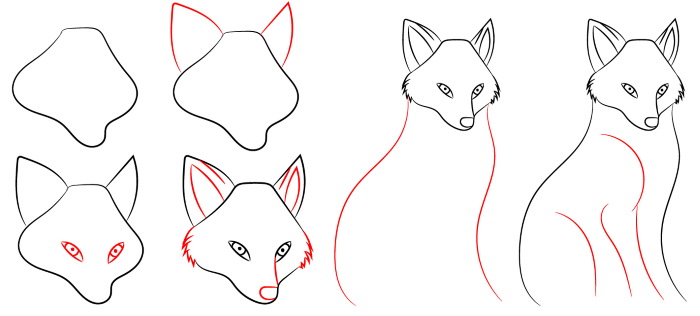 Zeichnung eines Fuchses mit einem Bleistift für Kinder zum schrittweisen Kopieren aus einem Märchen, einer Fabel, geometrischen Figuren, Symbolen