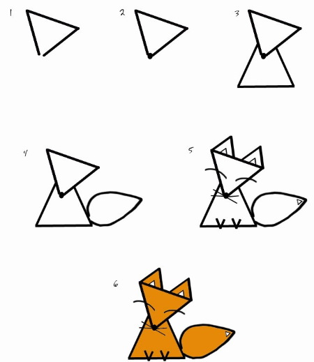 Zeichnung eines Fuchses mit einem Bleistift für Kinder zum schrittweisen Kopieren aus einem Märchen, einer Fabel, geometrischen Figuren, Symbolen
