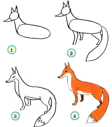 Zeichnung eines Fuchses mit einem Bleistift für Kinder zum schrittweisen Kopieren aus einem Märchen, einer Fabel, geometrischen Figuren, Symbolen