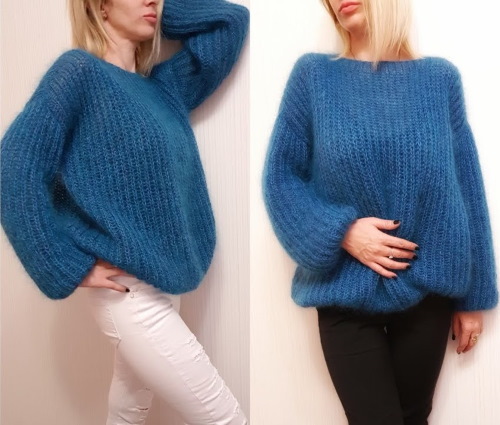 Gestrickter Mohairpullover. Schnittmuster und Beschreibung, Oversize-Raglan mit englischem Gummizug, neue Modelle für Damen, Mädchen, Herren, Teenager