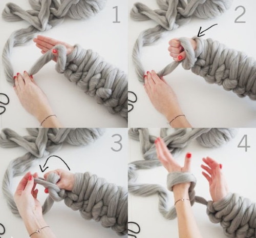Fingerstricken für Anfänger ohne Stricknadeln aus Garn mit Schlaufen. Decke, Schal, Decke, Kapuze
