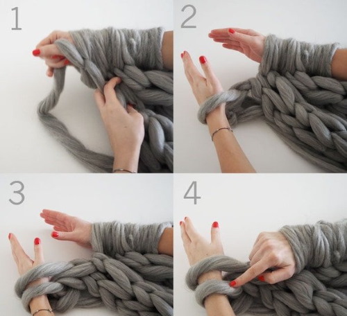 Fingerstricken für Anfänger ohne Stricknadeln aus Garn mit Schlaufen. Decke, Schal, Decke, Kapuze