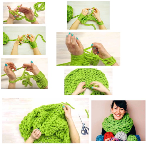 Fingerstricken für Anfänger ohne Stricknadeln aus Garn mit Schlaufen. Decke, Schal, Decke, Kapuze