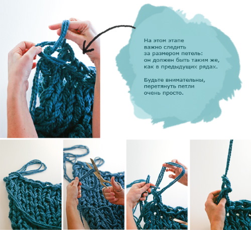 Fingerstricken für Anfänger ohne Stricknadeln aus Garn mit Schlaufen. Decke, Schal, Decke, Kapuze