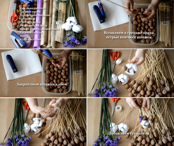 Sträuße aus Nüssen und Trockenfrüchten. DIY-Meisterkurse für Anfänger Schritt für Schritt