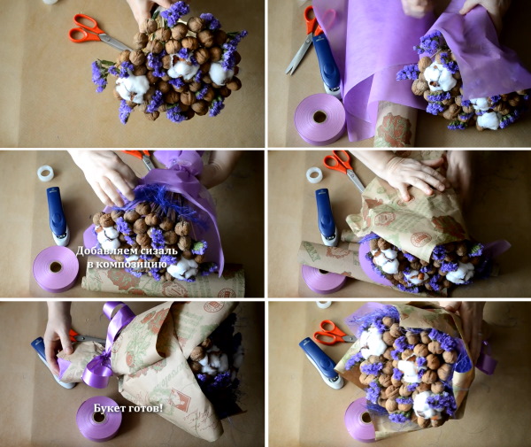 Sträuße aus Nüssen und Trockenfrüchten. DIY-Meisterkurse für Anfänger Schritt für Schritt