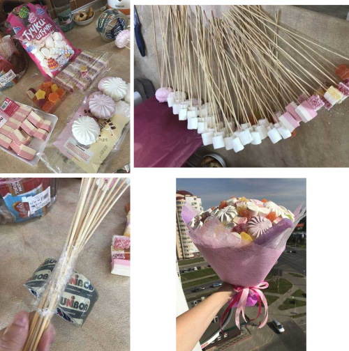 DIY-Sträuße aus Marshmallows und Marmelade. Foto, Meisterkurse