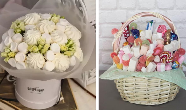 DIY-Sträuße aus Marshmallows und Marmelade. Foto, Meisterkurse