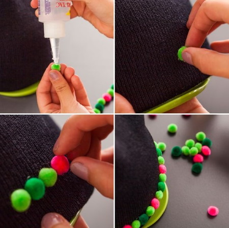 So verzieren Sie eine Strickmütze für Damen mit Perlen, Pelz, Strasssteinen und Rocailles. Foto