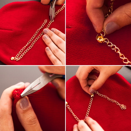 So verzieren Sie eine Strickmütze für Damen mit Perlen, Pelz, Strasssteinen und Rocailles. Foto