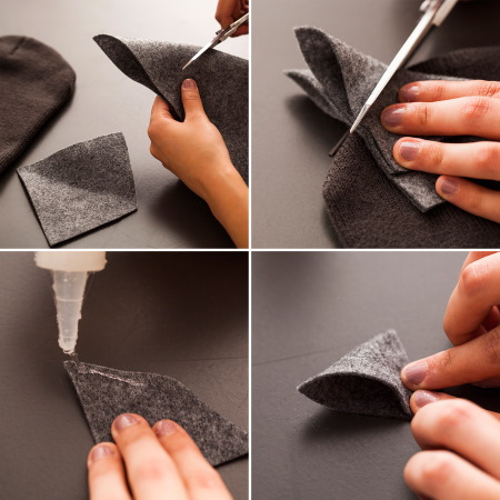 So verzieren Sie eine Strickmütze für Damen mit Perlen, Pelz, Strasssteinen und Rocailles. Foto