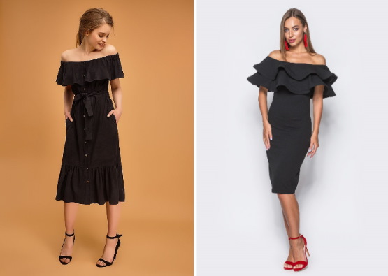 Kleid mit offenen Schultern und Ärmeln. Schnittmuster zum Nähen von Sommer-, Hochzeits- und Abendkleidung. Foto