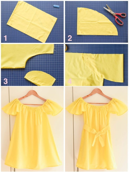 Kleid mit offenen Schultern und Ärmeln. Schnittmuster zum Nähen von Sommer-, Hochzeits- und Abendkleidung. Foto