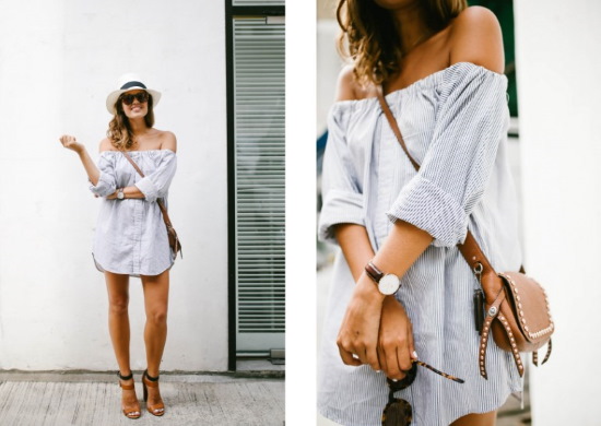 Kleid mit offenen Schultern und Ärmeln. Schnittmuster zum Nähen von Sommer-, Hochzeits- und Abendkleidung. Foto