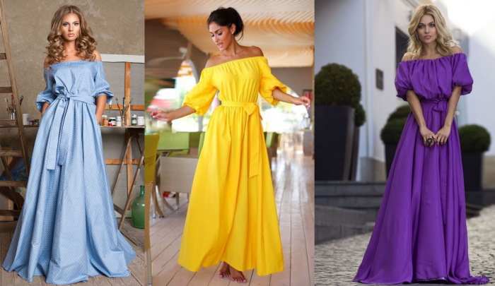 Kleid mit offenen Schultern und Ärmeln. Schnittmuster zum Nähen von Sommer-, Hochzeits- und Abendkleidung. Foto