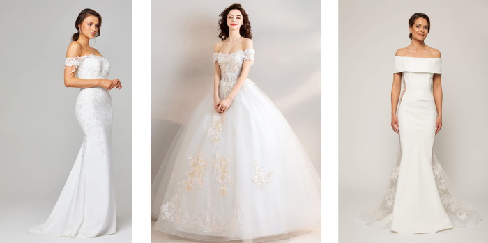 Kleid mit offenen Schultern und Ärmeln. Schnittmuster zum Nähen von Sommer-, Hochzeits- und Abendkleidung. Foto