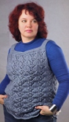 Mit Stricknadeln gestrickte ärmellose Damenjacke. Schemata mit Beschreibung, Abmessungen