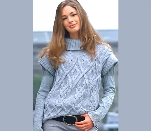 Mit Stricknadeln gestrickte ärmellose Damenjacke. Schemata mit Beschreibung, Abmessungen