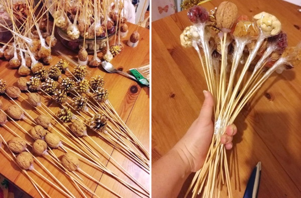 Sträuße aus Nüssen und Trockenfrüchten. DIY-Meisterkurse für Anfänger Schritt für Schritt