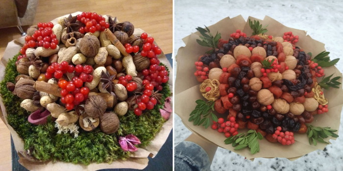 Sträuße aus Nüssen und Trockenfrüchten. DIY-Meisterkurse für Anfänger Schritt für Schritt