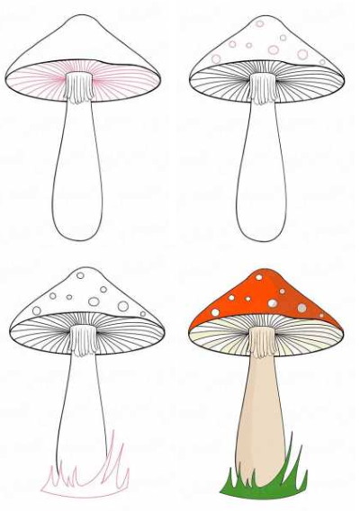 Fliegenpilz. Zeichnen für Kinder mit Bleistift, Gouache Schritt für Schritt, Meisterkurse