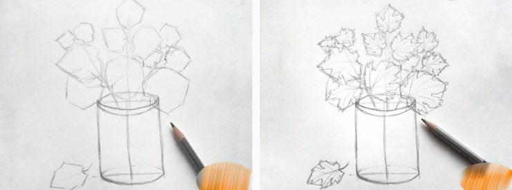 Herbstliche Bleistiftzeichnungen: Blumenstrauß, Wald, Blätter, Landschaft, Laubfall Schritt für Schritt für Kinder
