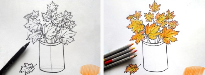 Herbstliche Bleistiftzeichnungen: Blumenstrauß, Wald, Blätter, Landschaft, Laubfall Schritt für Schritt für Kinder