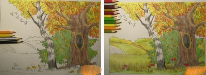 Herbstliche Bleistiftzeichnungen: Blumenstrauß, Wald, Blätter, Landschaft, Laubfall Schritt für Schritt für Kinder