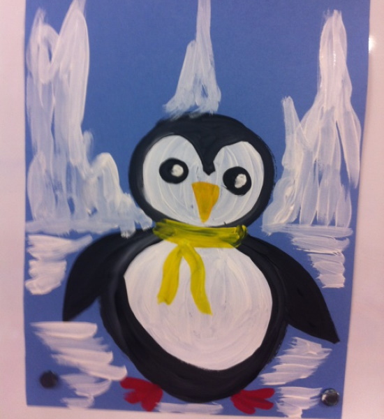 Pinguinzeichnung für Kinder mit Bleistift, Farben auf einem Stein, Eisscholle lustig, einfach in Farbe
