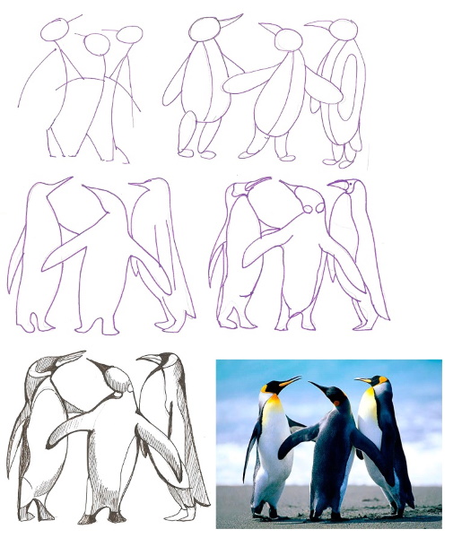 Pinguinzeichnung für Kinder mit Bleistift, Farben auf einem Stein, Eisscholle lustig, einfach in Farbe